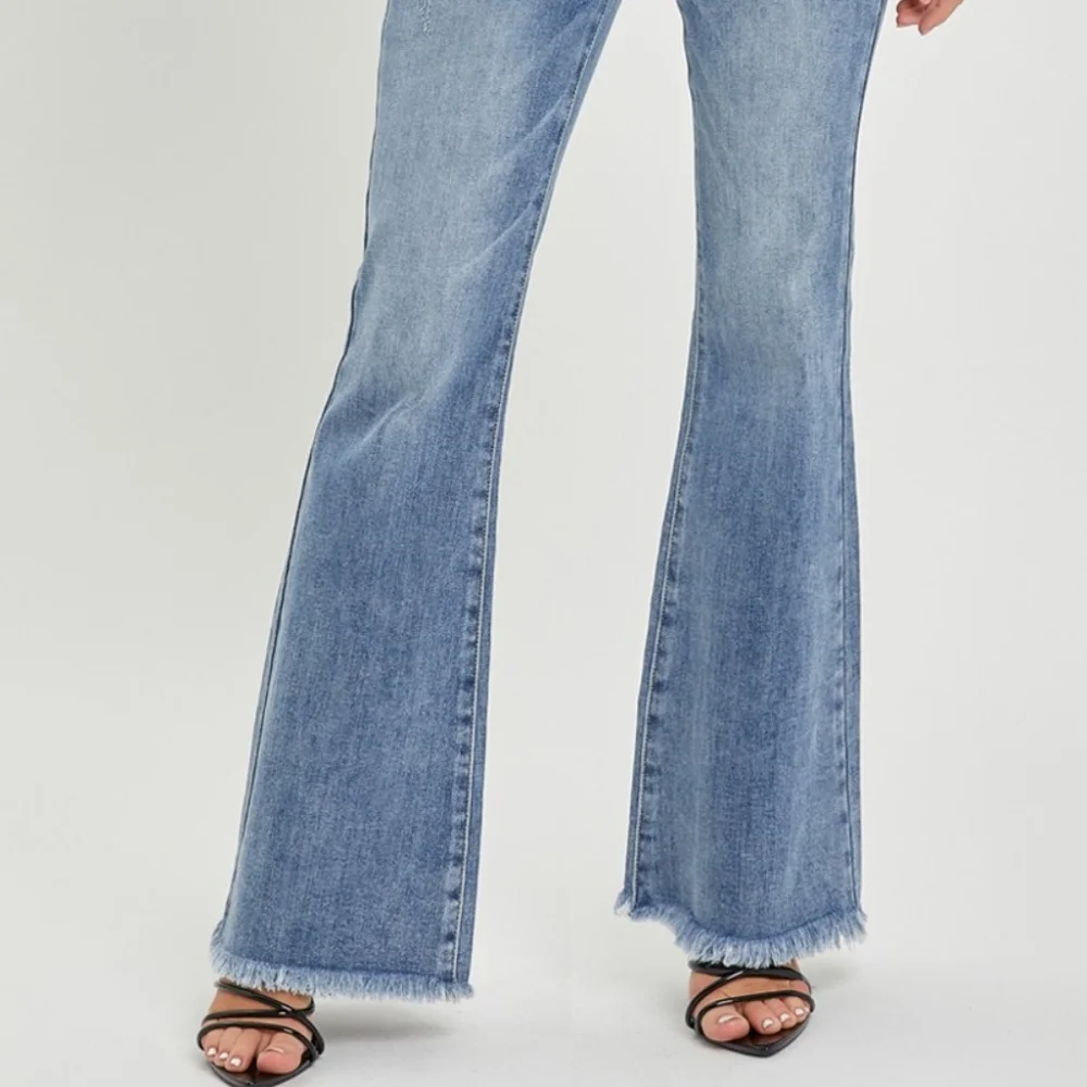 RISEN Tummy Control High-Rise Slim Fit Pants Frayed Flare Hem Retro Denim Jeans - Picture 14 of 15